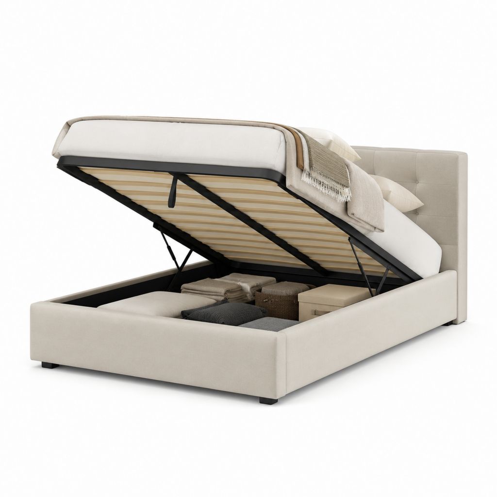 Letto contenitore matrimoniale beige in poliestere con rete a doghe 160 x 200 cm