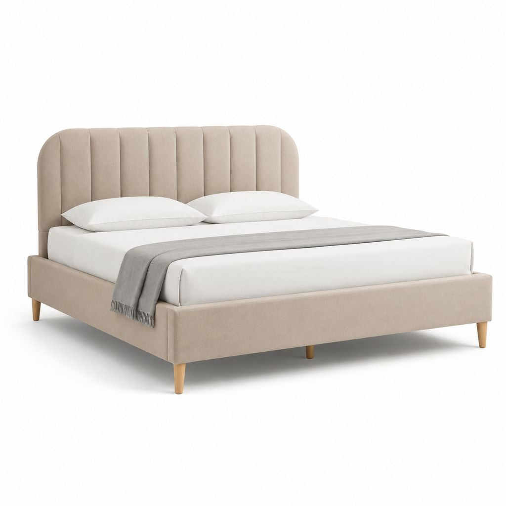 Letto matrimoniale imbottito beige in poliestere con testiera arrotondata 160 x 200 cm