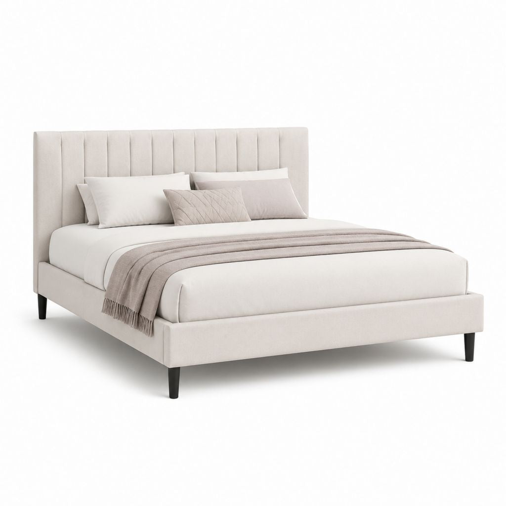 Letto matrimoniale imbottito beige in poliestere 160 x 200 cm con testiera alta