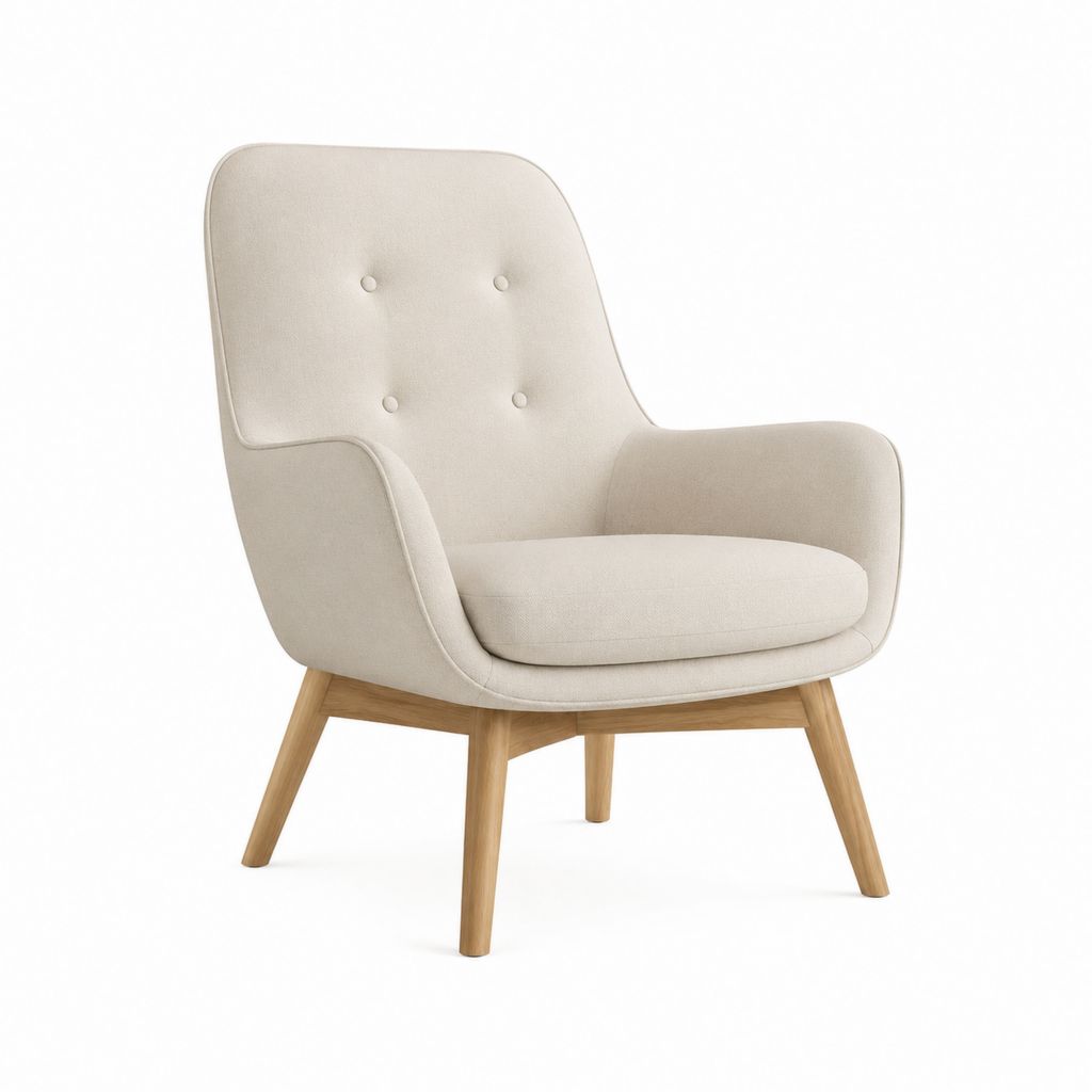 Poltrona da soggiorno beige in poliestere con schienale alto e gambe in faggio L 75 x P 82 x H 100 cm