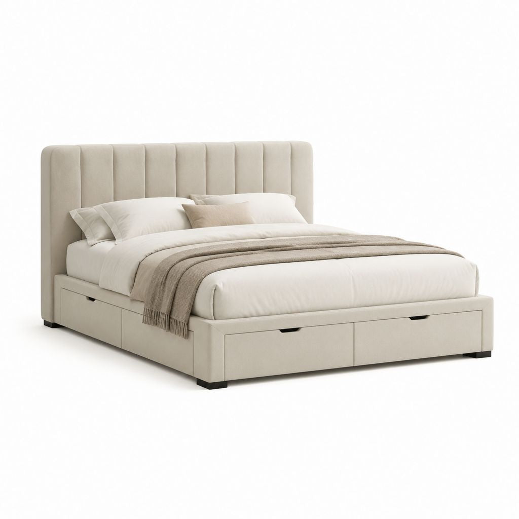 Letto contenitore matrimoniale beige in poliestere rettangolare con 4 cassetti 160 x 200 cm