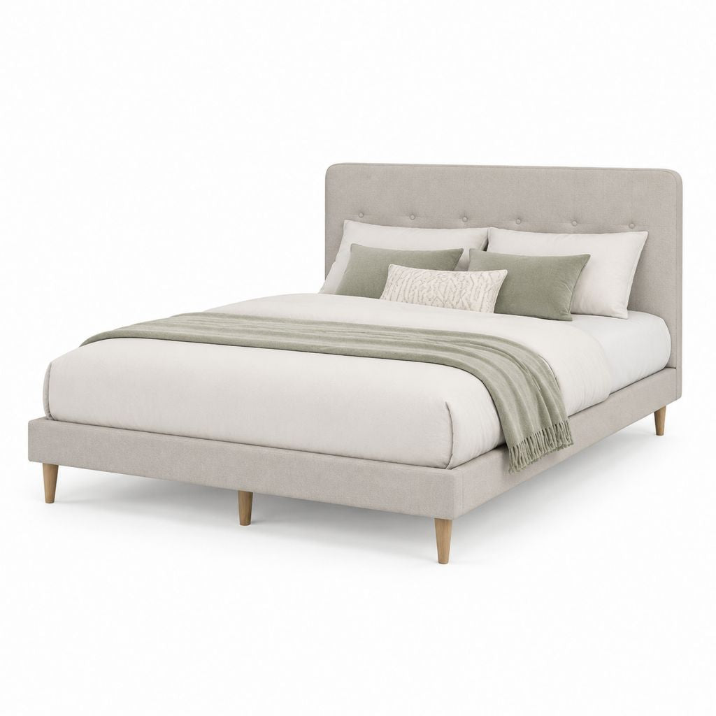 Letto matrimoniale imbottito beige in poliestere con testiera capitonné 160 x 200 cm