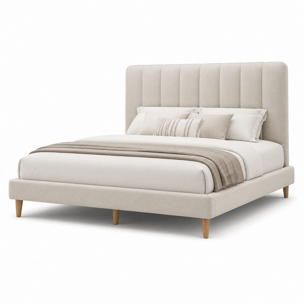 Letto matrimoniale imbottito beige in poliestere con testiera verticale 160 x 200 cm