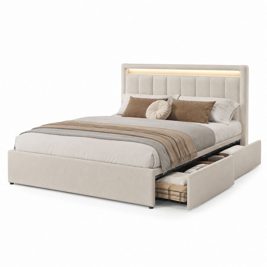 Letto matrimoniale contenitore beige in poliestere 180 x 220 cm con testiera LED e 2 cassetti