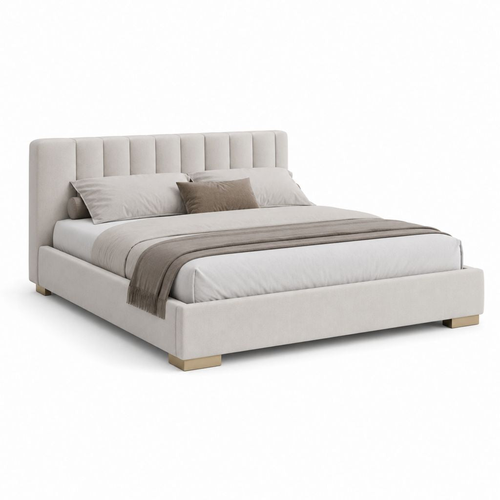 Letto matrimoniale imbottito avorio in poliestere 160 x 200 cm con testiera alta