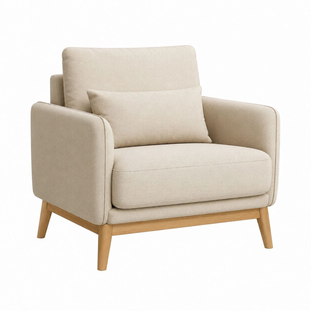 Poltrona imbottita da soggiorno beige in poliestere con gambe in legno massello 90 x 85 x 85 cm