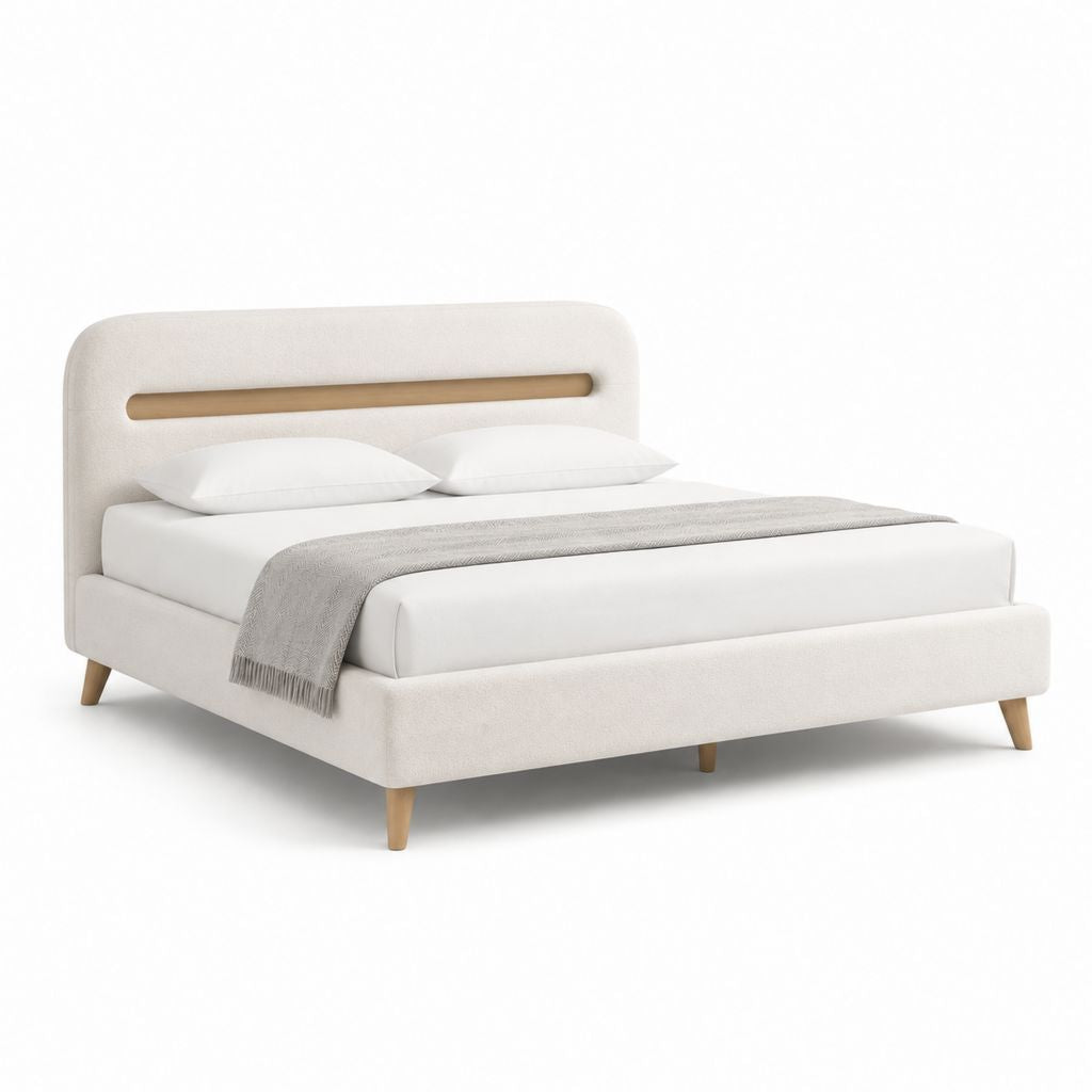 Letto matrimoniale imbottito crema in poliestere con testiera 160 x 200 cm