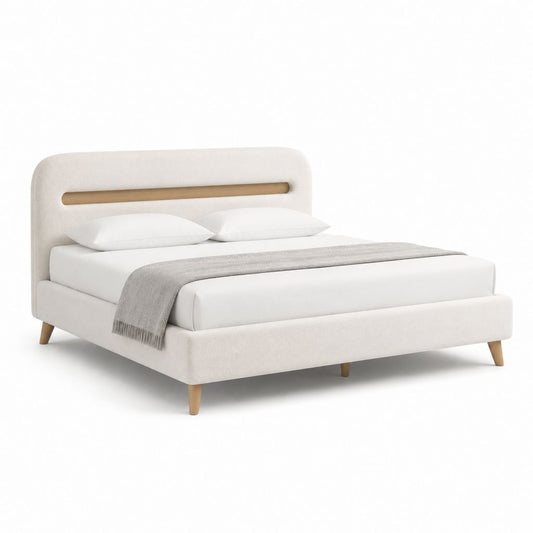 Letto matrimoniale imbottito crema in poliestere con testiera 160 x 200 cm