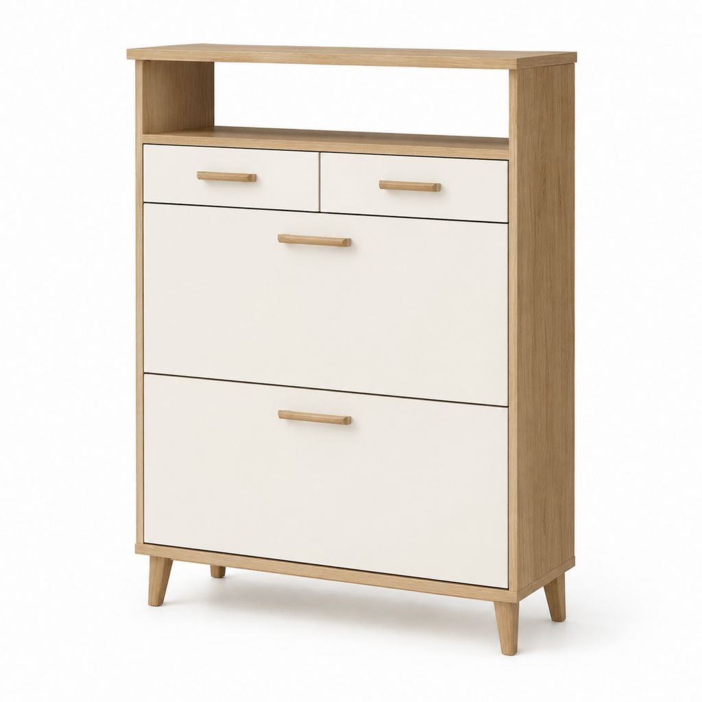 Scarpiera con 2 ante a ribalta e 2 cassetti bianco e rovere in pannello truciolare 80 x 30 x 120 cm