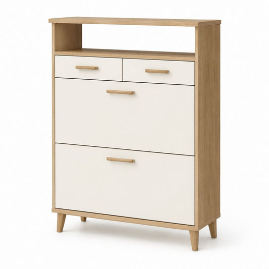 Scarpiera con 2 ante a ribalta e 2 cassetti bianco e rovere in pannello truciolare 80 x 30 x 120 cm