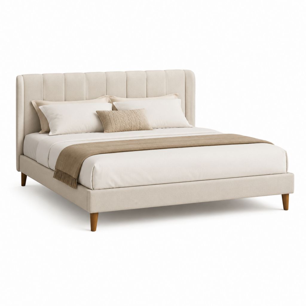 Letto matrimoniale imbottito beige in poliestere con testiera alta 160 x 200 cm