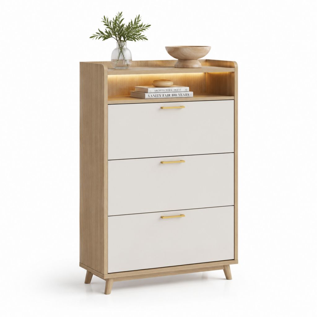 Scarpiera a 3 ante a ribalta rettangolare bianca e rovere naturale in MDF 80 x 35 x 110 cm