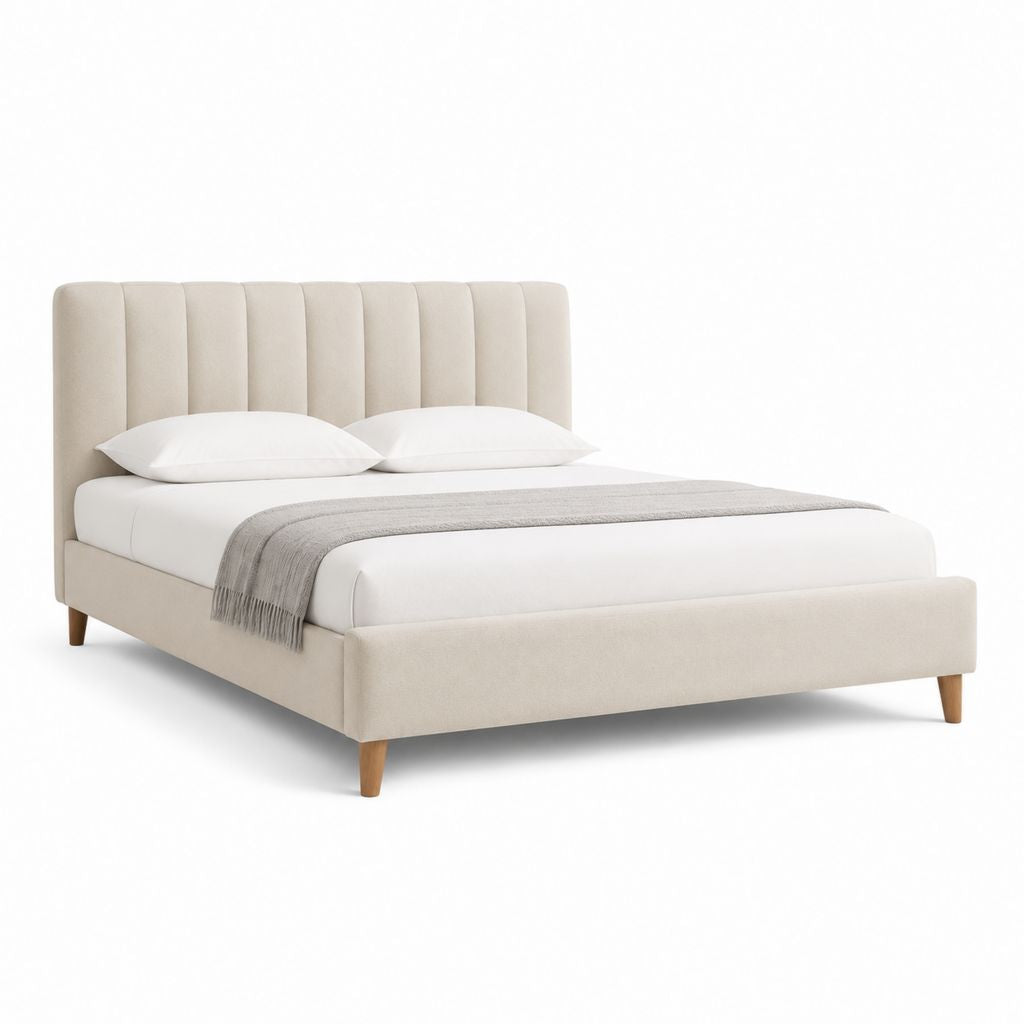 Letto matrimoniale beige imbottito in poliestere con testiera verticale 160 x 200 cm