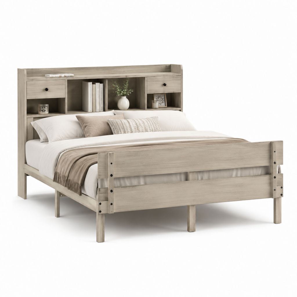 Letto matrimoniale rettangolare grigio rovere in legno massello con testiera contenitore 160 x 200 cm