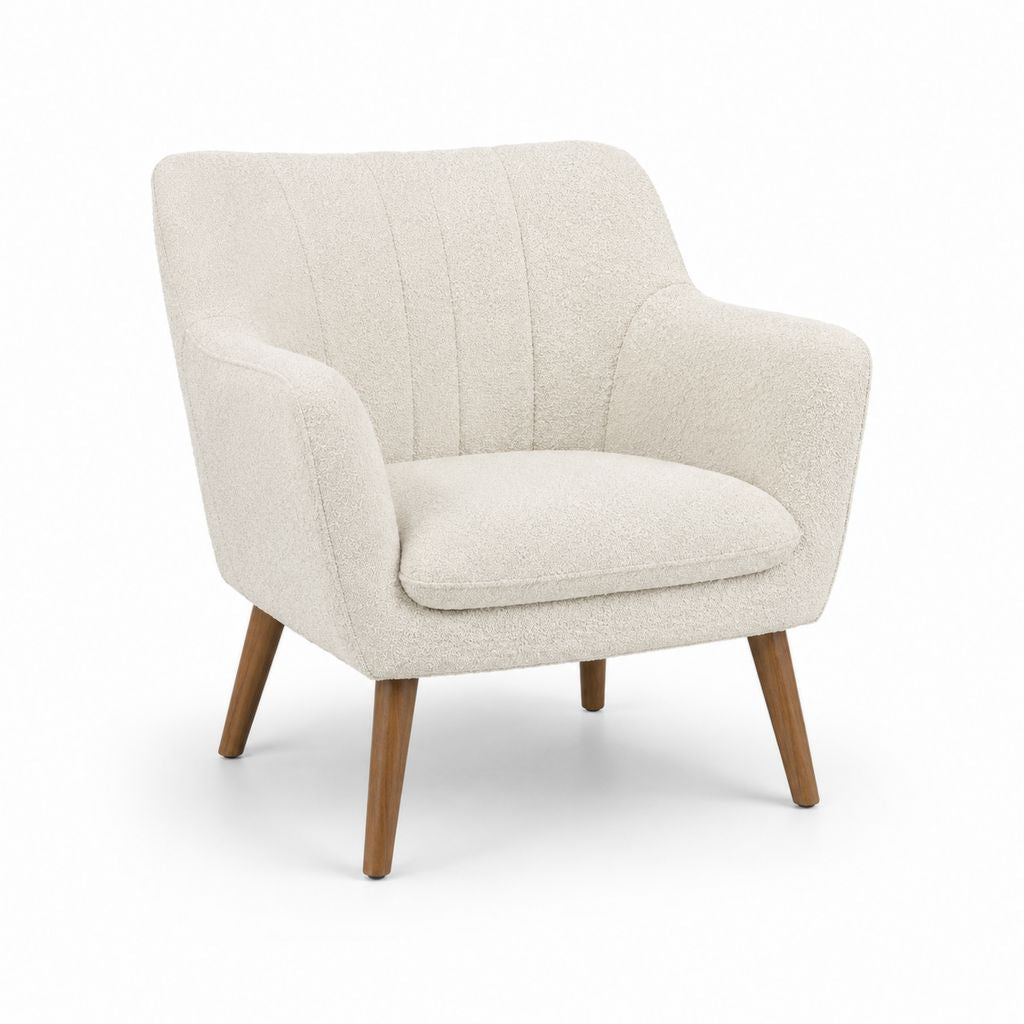 Poltrona da soggiorno crema in poliestere bouclé con gambe in legno massello 75 x 80 x 85 cm