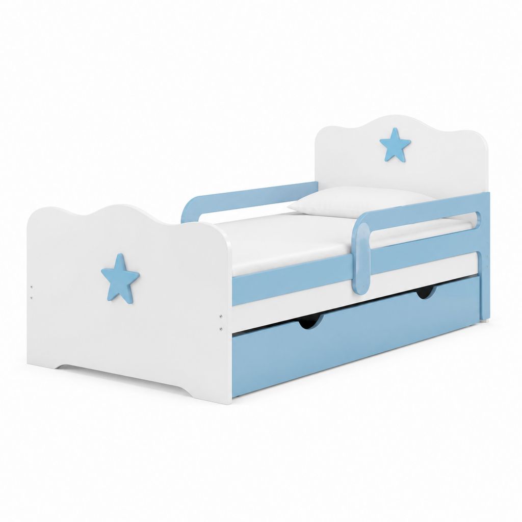 Letto per bambini con sponde e cassetto bianco e azzurro in MDF 143 x 75 x 65 cm