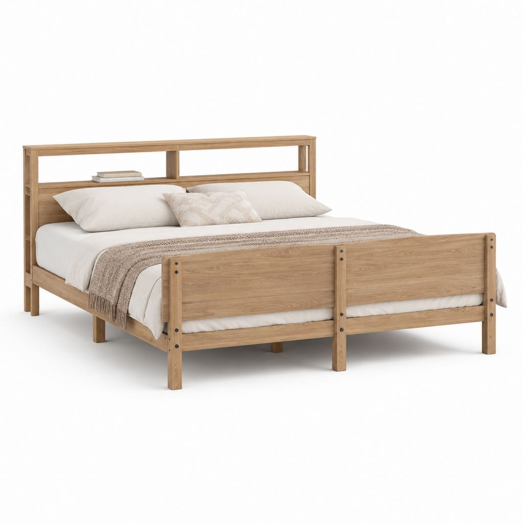 Letto matrimoniale con testiera a ripiani in legno massello naturale 160 x 200 cm