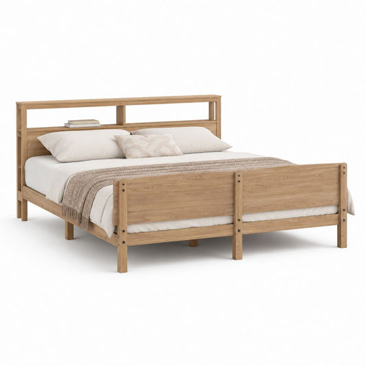 Letto matrimoniale con testiera a ripiani in legno massello naturale 160 x 200 cm