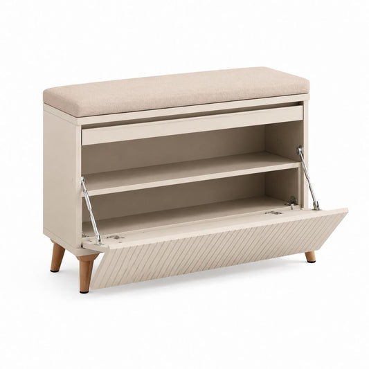 Scarpiera con panca rettangolare crema e beige in MDF e poliestere 80 x 30 x 50 cm