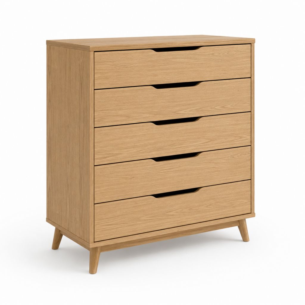 Cassettiera bassa a 5 cassetti rovere naturale in MDF impiallacciato 80 x 40 x 105 cm