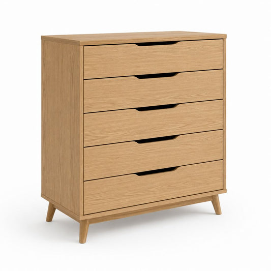 Cassettiera bassa a 5 cassetti rovere naturale in MDF impiallacciato 80 x 40 x 105 cm